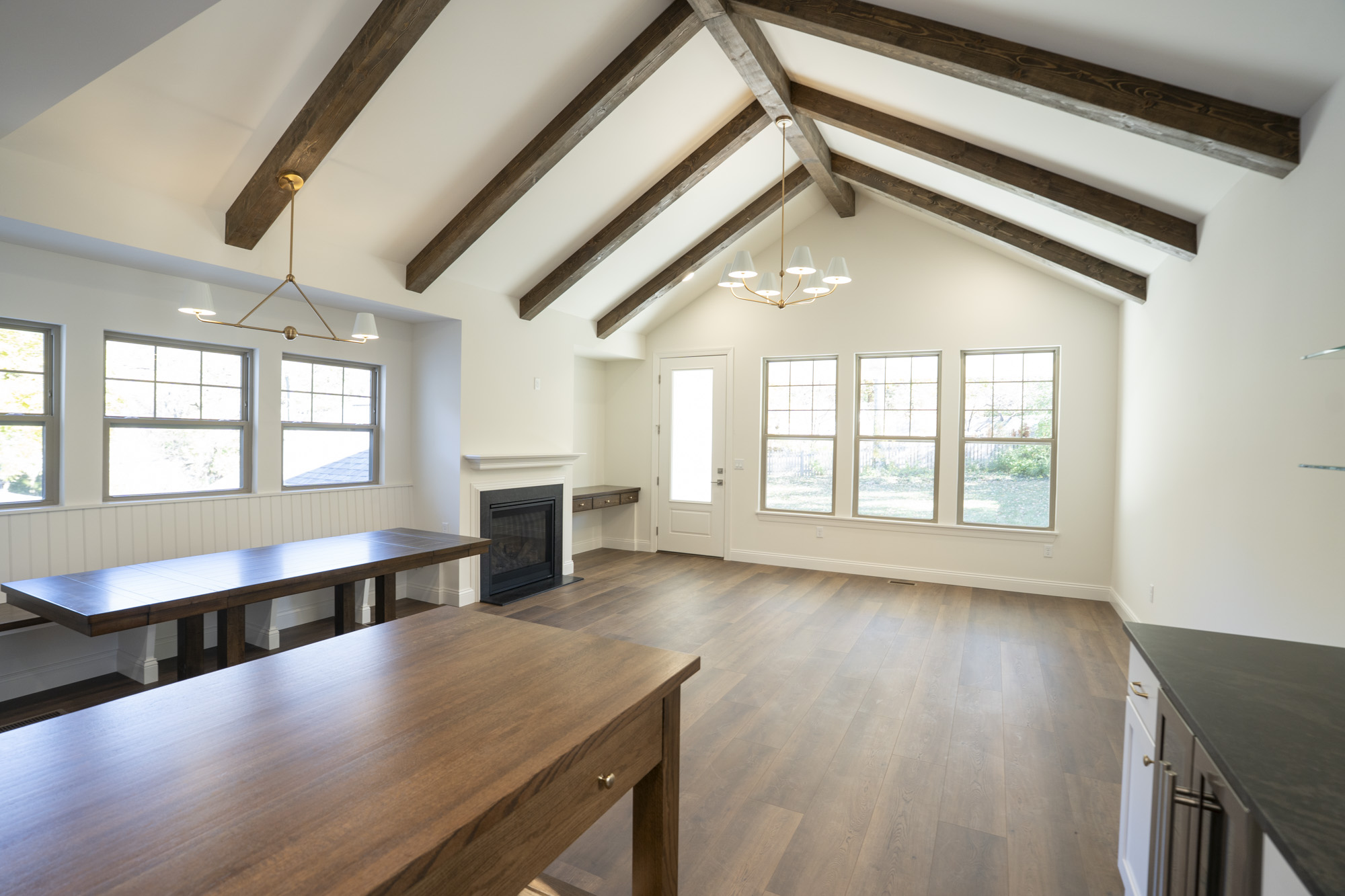 Great room with exposed beams
